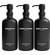 Black Shampoo and Conditioner Dispenser Set by Brighter Barns - Refillable Plastic Shower Soap Di...