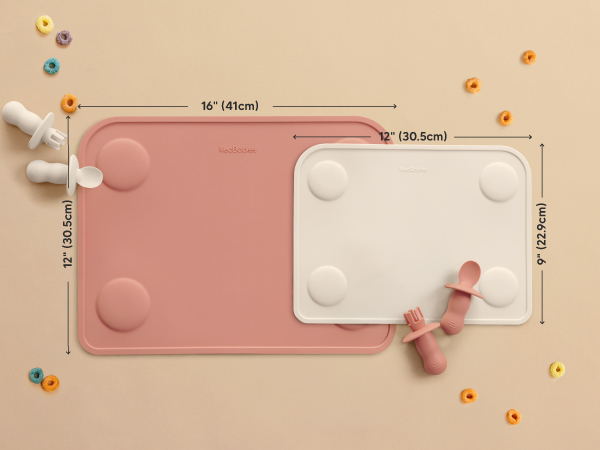 Silicone placemats showing two sizes: 16 x 12 inch and 12 x 9 inch with measurement guides.