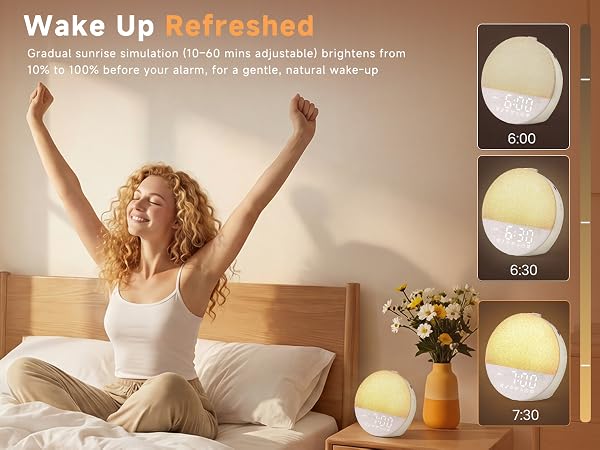Gradual sunrise simulation (10-60 min) brightens from 10% to 100% before your alarm
