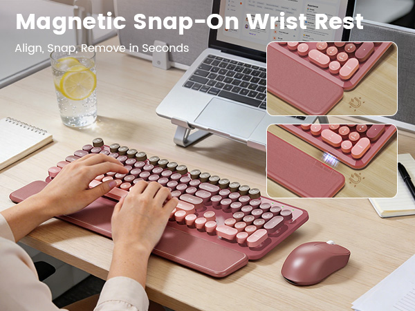 wireless keyboard with magnetic snap on wrist rest shown attaching and removing in seconds