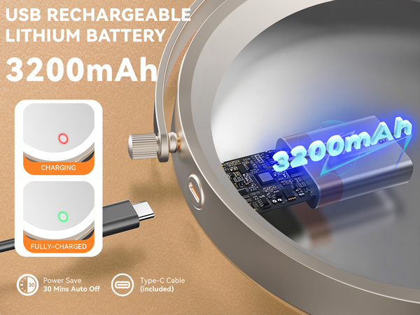 3200mAh built-in battery for long-lasting use with Type-C charging and auto power-off