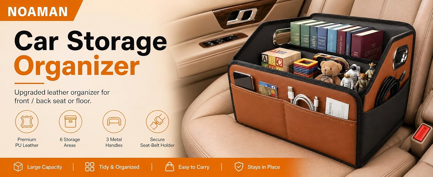 Noaman car storage organizer on car seat with 6 storage areas and 3 metal handles