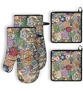 QXWREL Oven Mitts and Pot Holders Sets of 2 Boho Flower Heat Resistant Oven Mitts and Hot Pads fo...