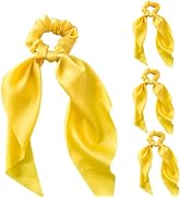 4 Pcs Yellow Women Girl Bow Satin Ribbon Ponytail Scarf Hair Tie Rope Scrunchies Elastic Band Hai...