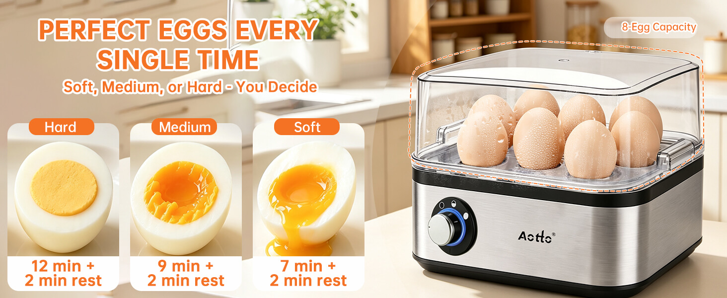 Text reads 'PERFECT EGGS EVERY SINGLE TIME' with egg preparation stages displayed. Stainless steel egg cooker with control panel shown with multiple cooked eggs at different doneness levels.