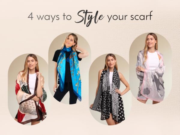 Text reads '4 ways to Style your scarf'. Fashion tutorial showing four different styling options for wearing a scarf.