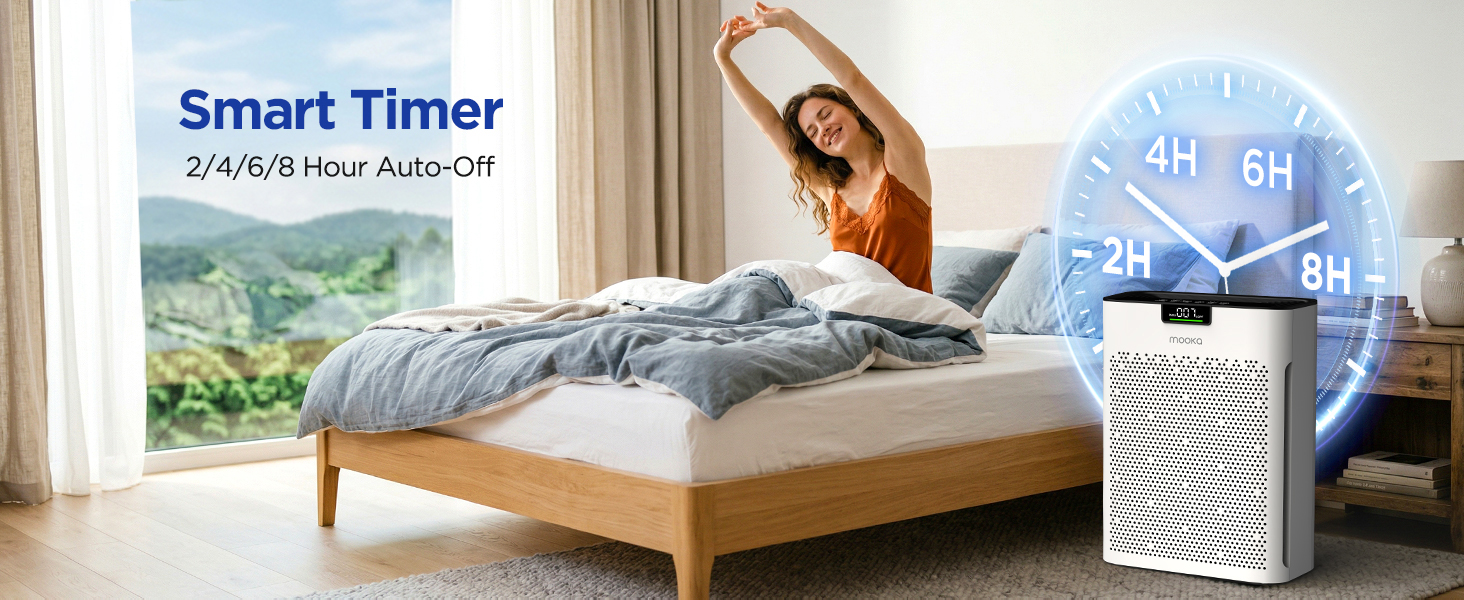 Smart timer air purifier supports 2 4 6 8H auto off, keeps bedroom fresh and saves energy all night