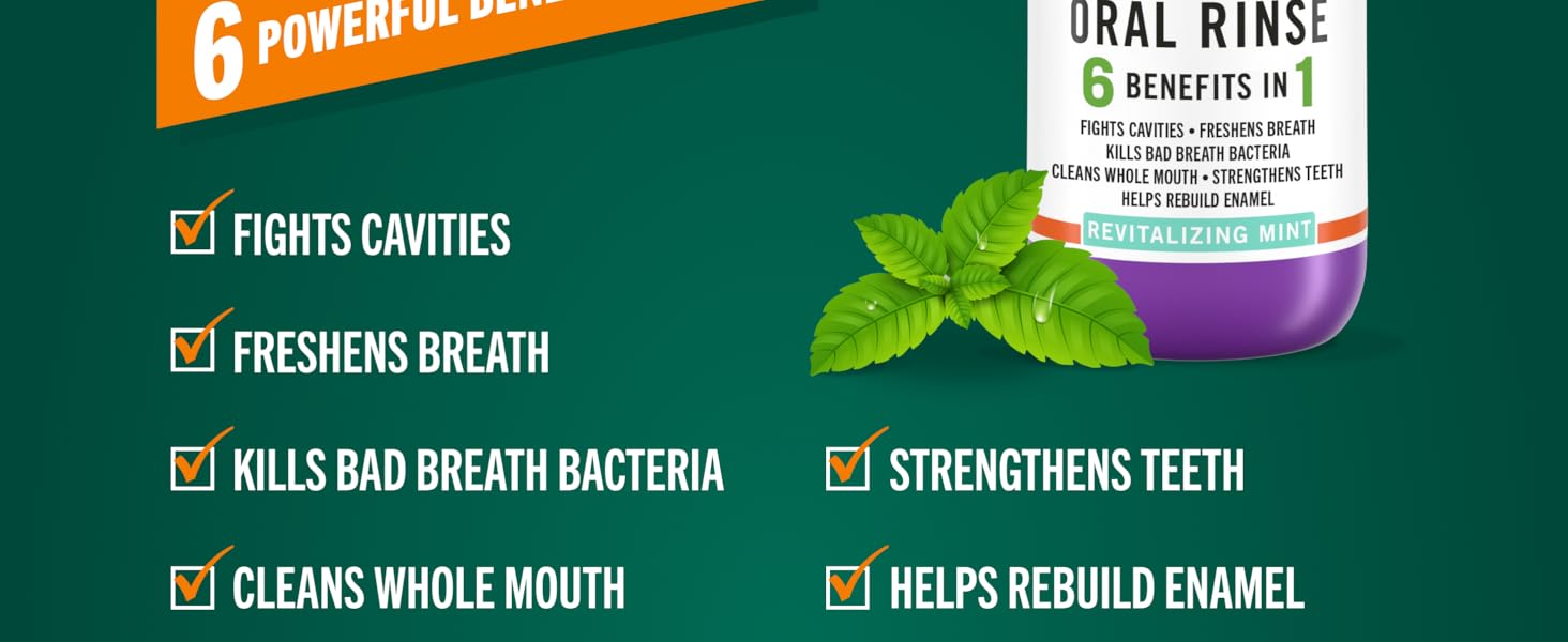 Fights cavities, freshens breath, kills bad breath bacteria, cleans whole mouth, strengthens teeth