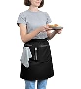 ROTANET Server Apron Black with 3 Pockets 20 Inch Long Waiter Waitress Bistro Half Waist Aprons f...