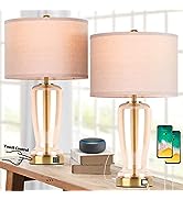 Set of 2 Touch Control Table Lamp with 2 USB Ports, 3-Way Dimmable Modern Nightstand Lamp Sets, B...