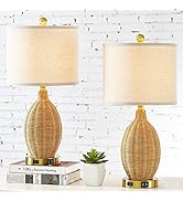 CINSARY Touch Control Rattan Table Lamps, 3 Way Dimmable Bedside Lamps for Bedroom Set of 2 with ...