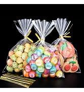 ZGORENDZ 220 PCS Clear Cellophane Treat Bags with Gold Twist Ties, 4.5x7 Inches Plastic Goodie Gi...