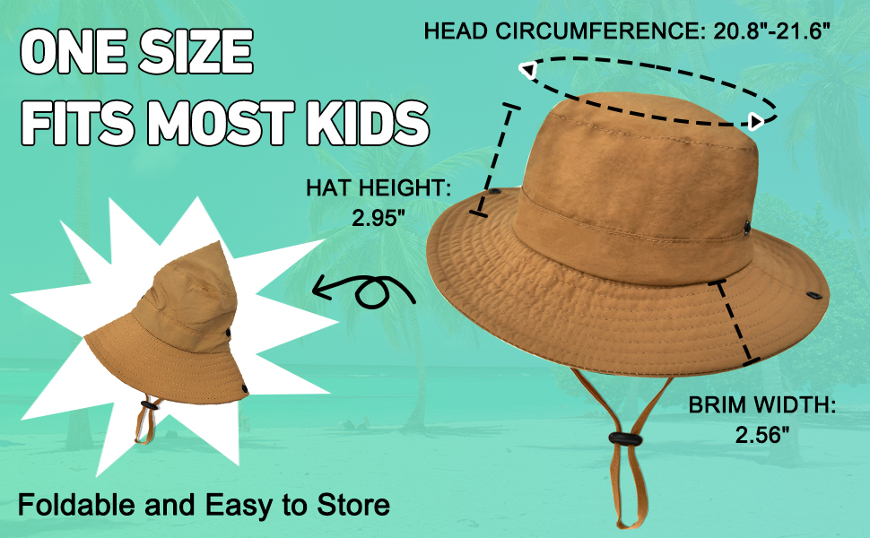 HEAD CIRCUMFERENCE: 20.8"-21.6 ONE SI4FITS MOST KIDS HAT HEIGHT: 2.95" BRIM WIDTH: 2.56"