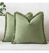 MIULEE Throw Pillow Covers 18x18 Set of 2 Sage Green Pillow Covers with Fringe Chic Cotton Decora...