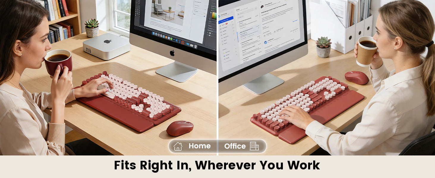 Burgundy retro keyboard and mouse with wrist rest for home or office.