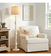 QiMH Vintage Floor Lamp for Living Room,61" Tall Rustic Standing Lamp with Linen Lampshade, Rotar...