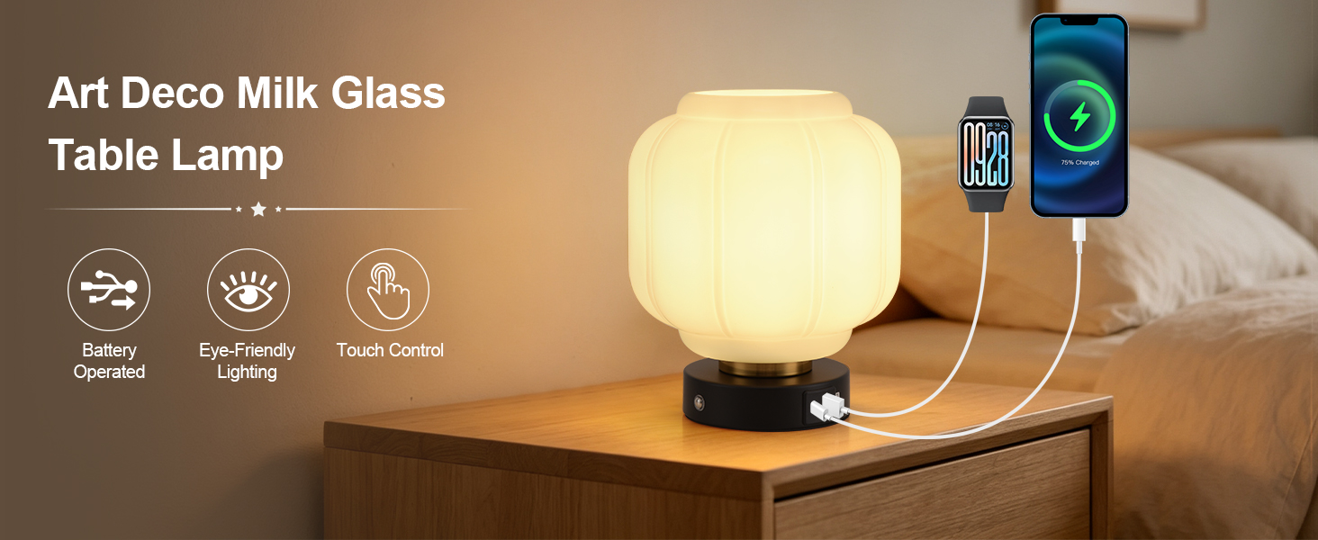 Rechargeable Table Lamp Cordless Milk Glass Bedside Lamp Small white and black