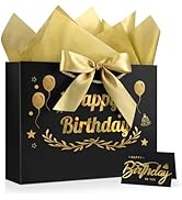 JMANNI Black Gold Happy Birthday Gift Bag with Card and Tissue Paper, 12.6"×9.84"×3.9" Elegant Pr...
