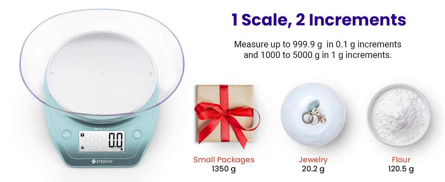 Can measure up to 999.9 g in 0.1 g increments and 1000 to 5000 g in 1 g increments