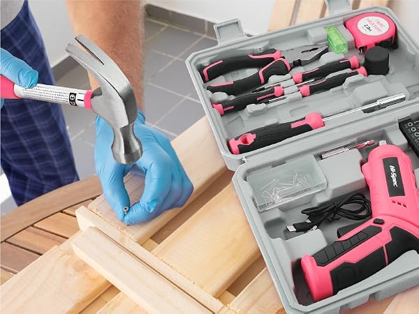 Hi-Spec Pink 42pc 4V USB Electric Power Screw Driver & Household Tool Kit Set