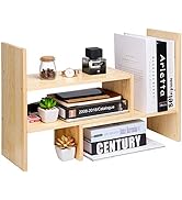VERGOODR Desktop Organizer Office Storage Rack Adjustable Natural Wood Display Book Shelf Stand R...