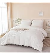 PERFEMET 5 Pcs Ivory Comforter Sets Twin Size Pom Pom Fringe Solid Bedding Set with Sheets Soft L...