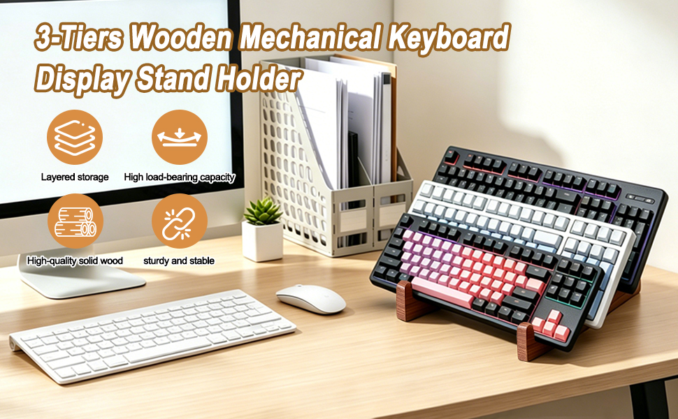 3-Tiers Wooden Mechanical Keyboard Display Stand Holder