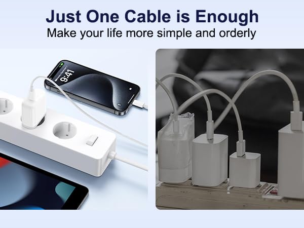 Text reads 'Just One Cable is Enough' and 'Make your life more simple and orderly'. Collage showing white cable management solution mounted on various desks and surfaces.