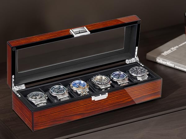 BEWISHOME Watch Box, 6 Slot Mens Watch Case, Watch Storage Organizer for Men, Watch
