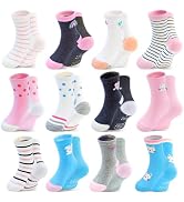 HYCLES Toddler Girl Socks, Non-Slip Cartoon Crew Socks with Grips for 6-12 Month Baby 1-7 Years Kids
