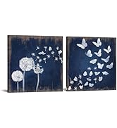 iHAPPYWALL 2 Pieces Rustic Dandelion Butterfly Canvas Wall Art Wish Flowers Navy Blue Picture Art...