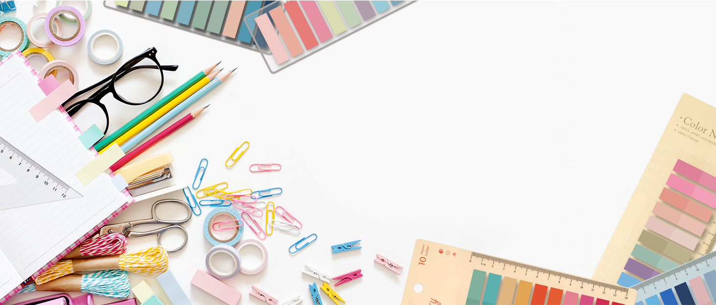 Flat lay of colorful office and school supplies on white background, including pens, pencils, scissors, paper clips, and eyeglasses.