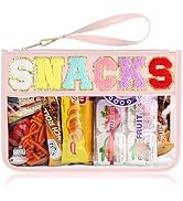 TESAFNG Snack Bag for Travel - Clear Chenille Varsity Letter Flat Pouch with Zipper, Waterproof C...