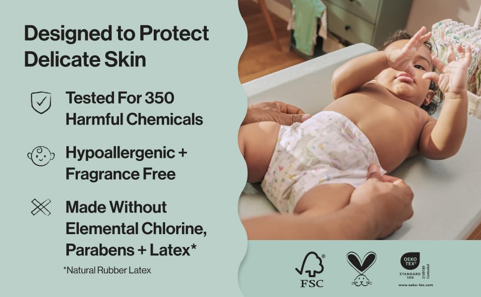Designed to protect delicate skin. Tested for 350 harmful chemicals, hypoallergenic & fragrance free
