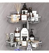 HuggieGems 2 Pack Corner Shower Caddy Organizer Shelf with Hooks, Silver Bathroom Shelves Storage...