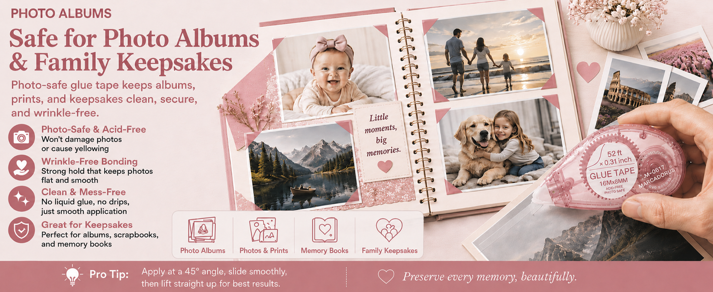 Photo tape for scrapbooking, albums, prints and family keepsakes