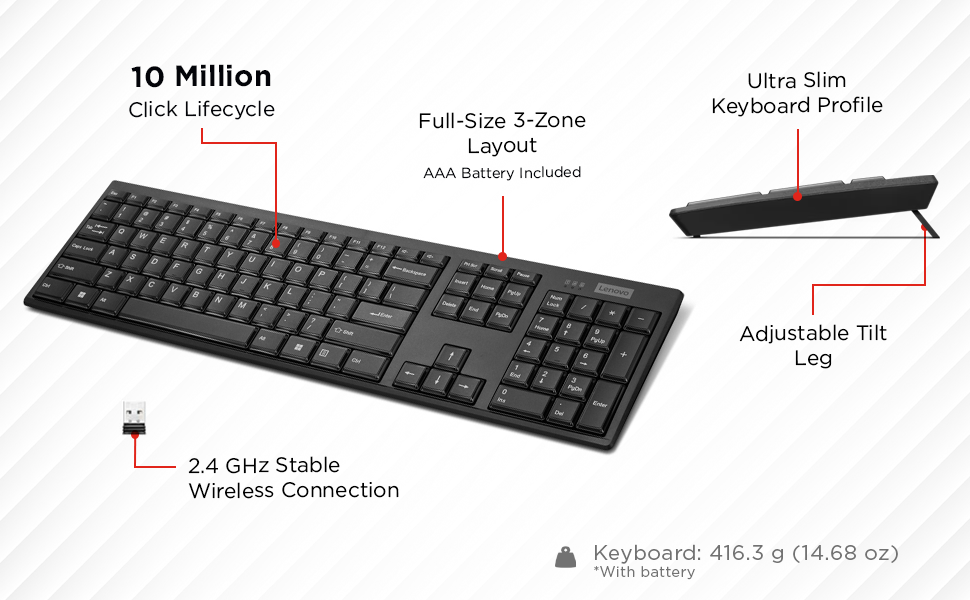 Lenovo 100 USB-A Wireless Keyboard - Details