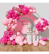 142Pcs Pink Balloon Garland Arch Kit, Hot Pink Rose Gold Metallic Confetti Balloons for Women Bir...