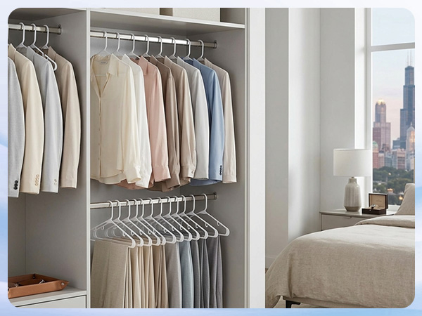 Dorm room closet with slim white plastic hangers. Fits twice as many clothes in tiny rod space
