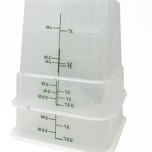 Two stacked square containers freshly washed, with measurements up to 4qt