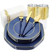 KIRE 140Pcs Blue Plastic Plates with Gold Rim - Gold Disposable Plastic Silverware with Blue Hand...
