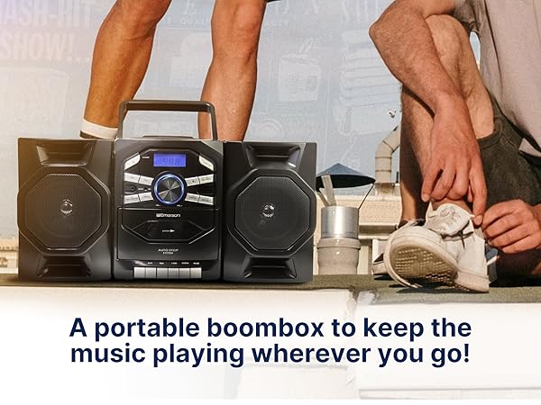 Portable Boombox CD Player for use at home, school, work, the shop, indoor and outdoor speakers