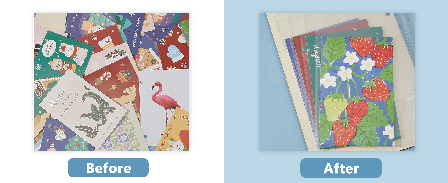 Before and after images of greeting cards. 'Before' shows various colorful designs. 'After' displays neatly stacked cards with a floral cover design.