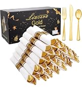 Liacere 100Pack Pre Rolled Gold Silverware and Napkin-Disposable Gold Plastic Utensils-Wrapped Pl...