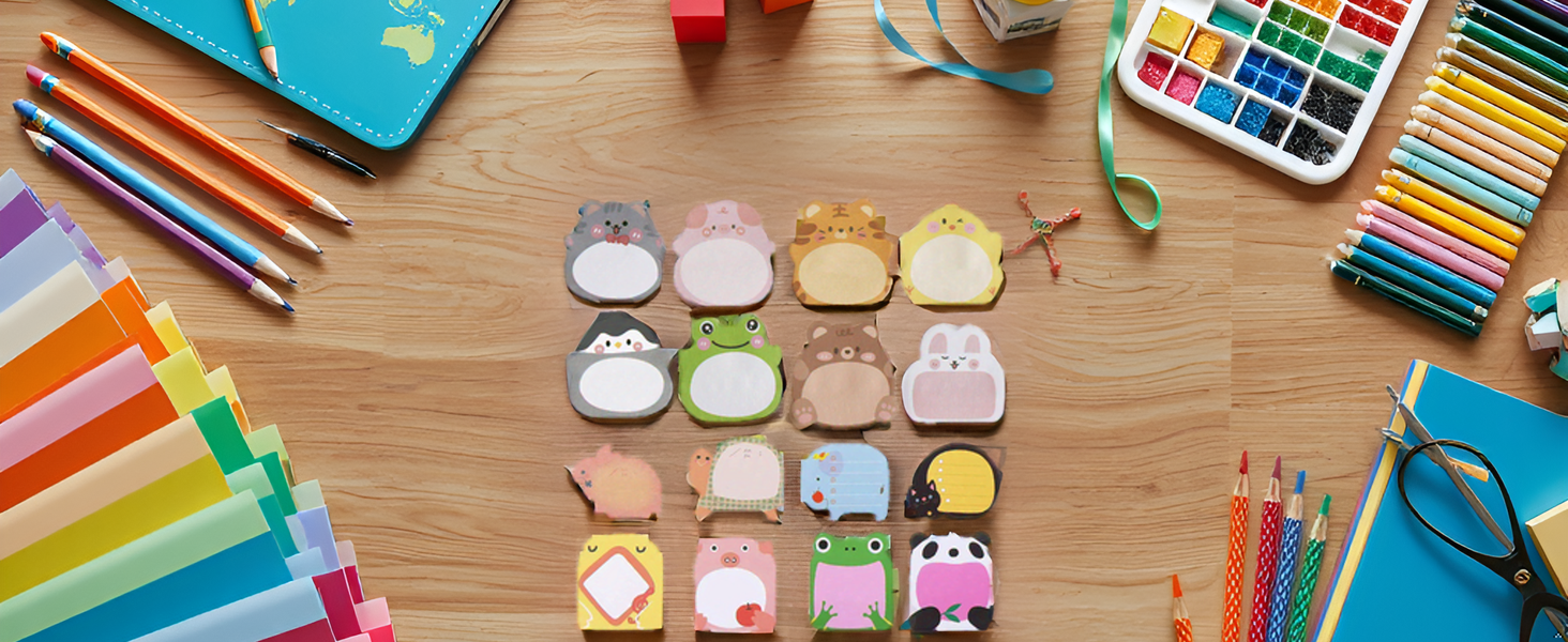 A colorful array of office supplies scattered on a wooden desk, with the product prominently display