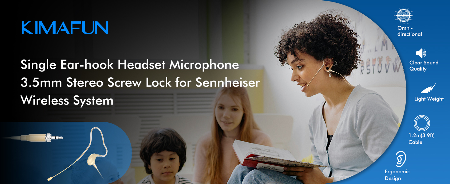 Single ear-hook headset microphone with 3.5mm stereo screw lock for Sennheiser wireless systems. Features include lightweight design and adjustable boom.