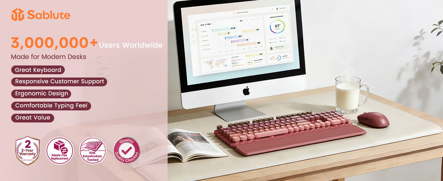Pink wireless keyboard mouse combo with wrist rest on modern desk setup comfortable typing feel
