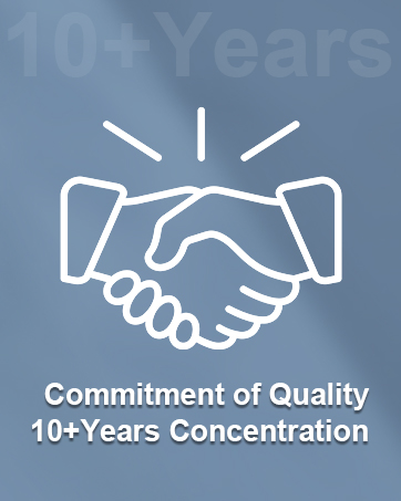 Graphic with handshake icon and text: 'Commitment of Quality 10+Years Concentration' on a blue background.