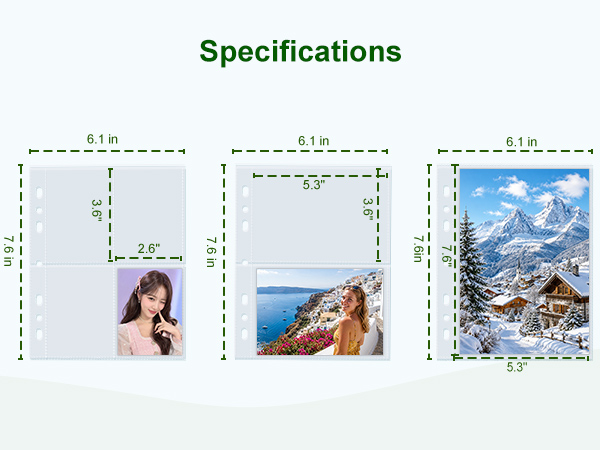 Text reads 'Specifications' showing three size options (61L, 61L, 61L) with sample images: portrait photo, landscape scenic view, mountain landscape. Product sizing or capacity variants illustrated.
