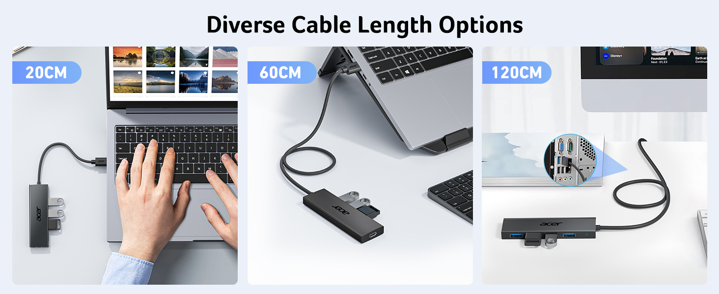 USB hub options in various lengths: 20cm, 60cm, and 120cm. Shows hub connected to laptops in different scenarios.